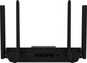 Achterkant van zwarte ASUS WiFi 7 router met vier antennes. Poorten voor reset, WPS, LAN en WAN, en een DC-in aansluiting.