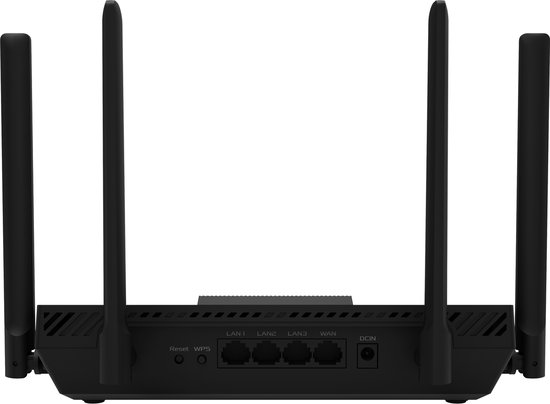 Achterkant van zwarte ASUS WiFi 7 router met vier antennes. Poorten voor reset, WPS, LAN en WAN, en een DC-in aansluiting.