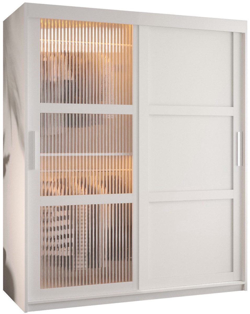 AJE Meubles B.V. Zweefdeurkast Kledingkast met 2 schuifdeuren glanzen slaapkamerkast Kledingstang met planken Garderobekast met geribbeld glas - ARTON 3 (150 cm, Wit) met lades