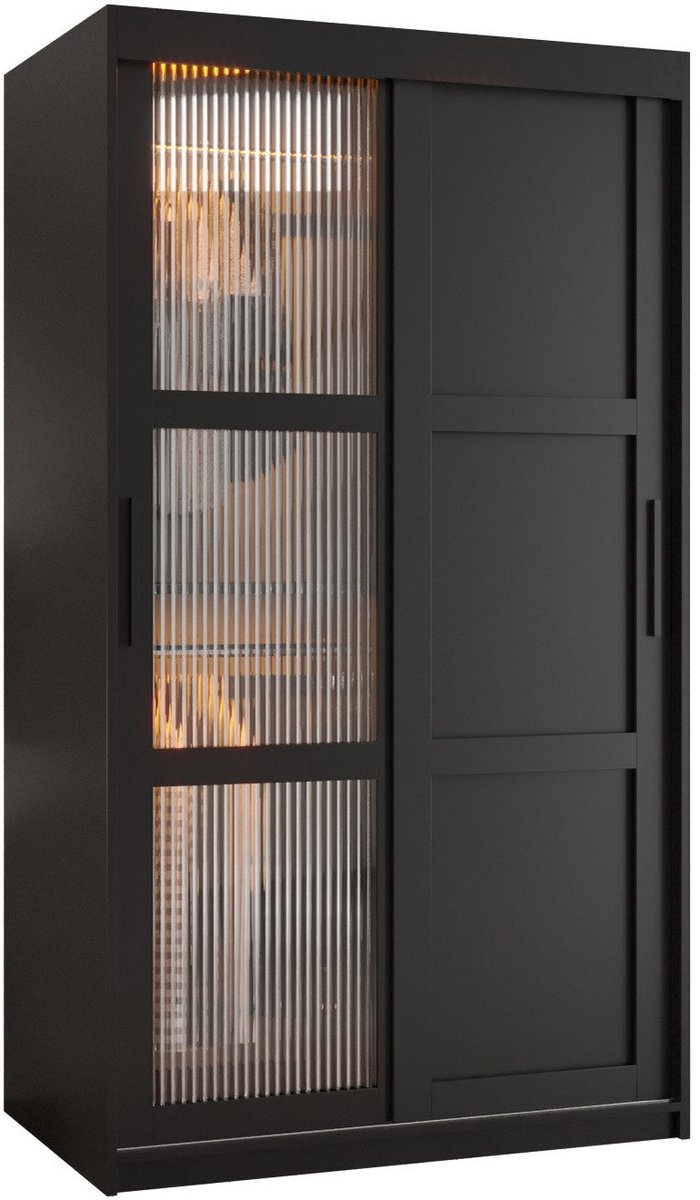 AJE Meubles B.V. Zweefdeurkast Kledingkast met 2 schuifdeuren glanzen slaapkamerkast Kledingstang met planken Garderobekast met geribbeld glas - ARTON 3 (100 cm, Zwart) met lades