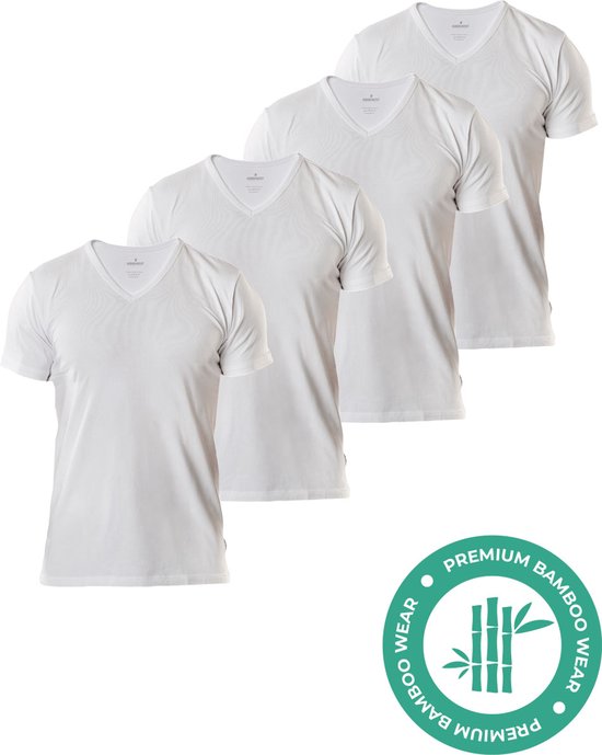 Vier witte heren T-shirts met V-hals, met logo met bamboe.