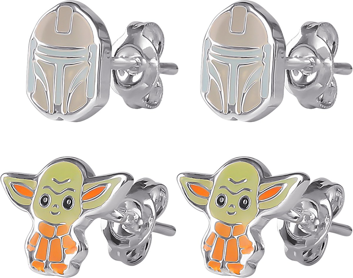 Disney The Mandalorian Din Djarin & Grogu Green, orange and grey Enamel Silver plated Twin Pack Earring Set
