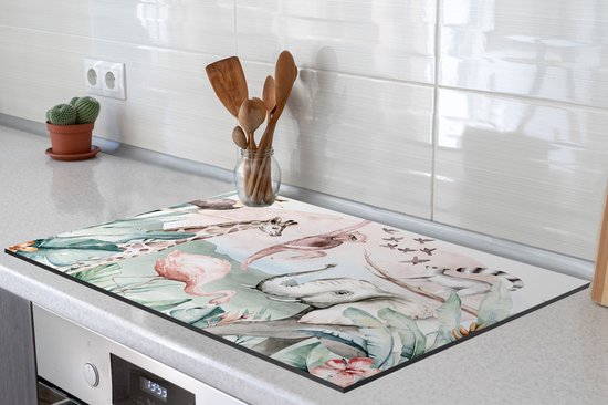 KitchenYeah® Inductie beschermer 76x51.5 cm - Jungle - Dieren - Waterverf - Jongens - Meisjes - Kinderen - Kind - Kookplaataccessoires - Afdekplaat voor kookplaat - Inductiebeschermer - Inductiemat - Inductieplaat mat