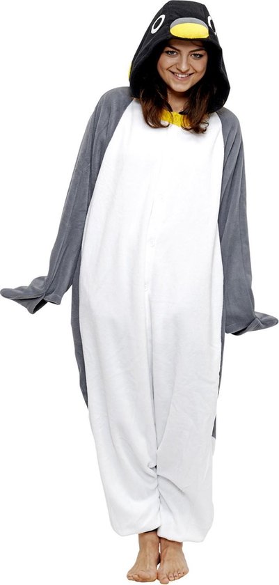 LET OP B-KEUZE! KIMU Onesie Grijze Pinguin Pak - Maat L-XL - Pinguinpak Kostuum Grijs Vogel - Jumpsuit Zacht Fleece Pyjama Dames Heren Festival