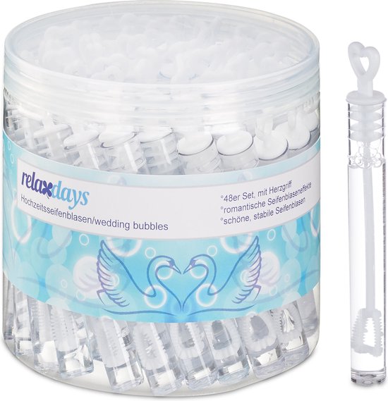 Foto: Relaxdays bellenblaas bruiloft set van 48 mini stokjes met hartjes uitdeelcadeau wit