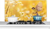 Spatscherm keuken 120x60 cm - Kookplaat achterwand Vogel - Koolmees - Bloemen - Margriet - Muurbeschermer - Spatwand fornuis - Hoogwaardig aluminium
