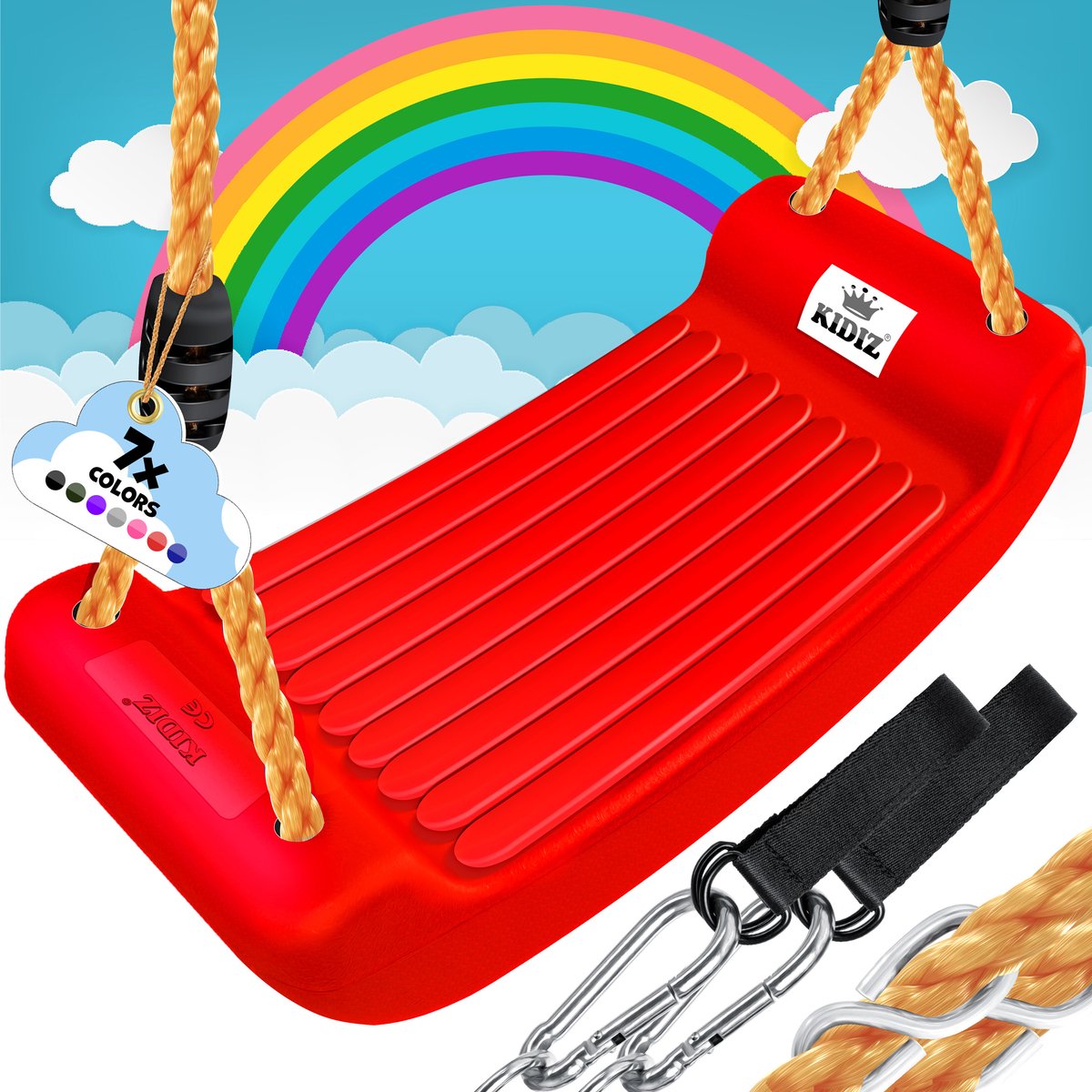 KIDIZ® Schommel Kinderschommel Set - Incl. Accessoires Schommelzitje PP-Touwen Schommelplank Tuin Buiten Binnenschommel voor kinderen om op te schommelen Plastic Hoogte Verstelbaar Antislip - Rood
