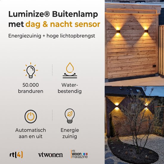 Luminize buitenlamp met schemersensor - wandlamp met dag en nacht sensor - 12x12x12cm - 2700k - 12w - zwart - LED