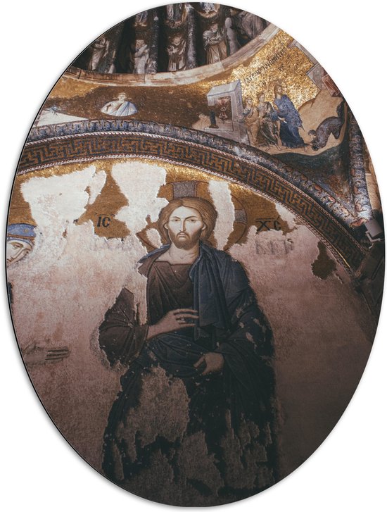 Dibond Ovaal - Religieuze Muurschilderingen in een Kerk - 72x96 cm Foto op Ovaal (Met Ophangsysteem)