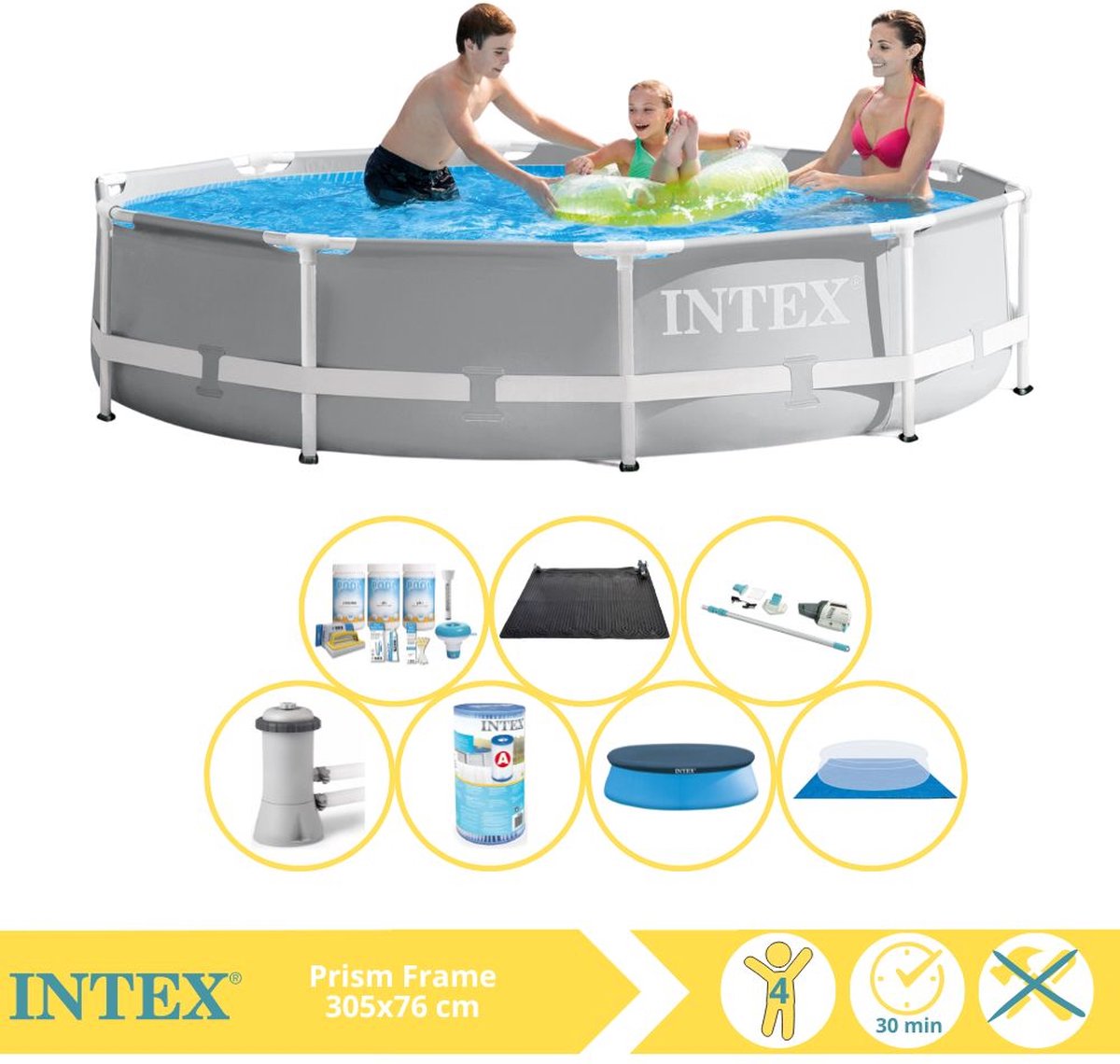 Intex Rond Prism Frame Zwembad - 366 x 76 cm - Grijs - Inclusief Pomp - Afdekzeil - Onderhoudspakket - Filter - Grondzeil - Stofzuiger - Solar Mat - 8-delig