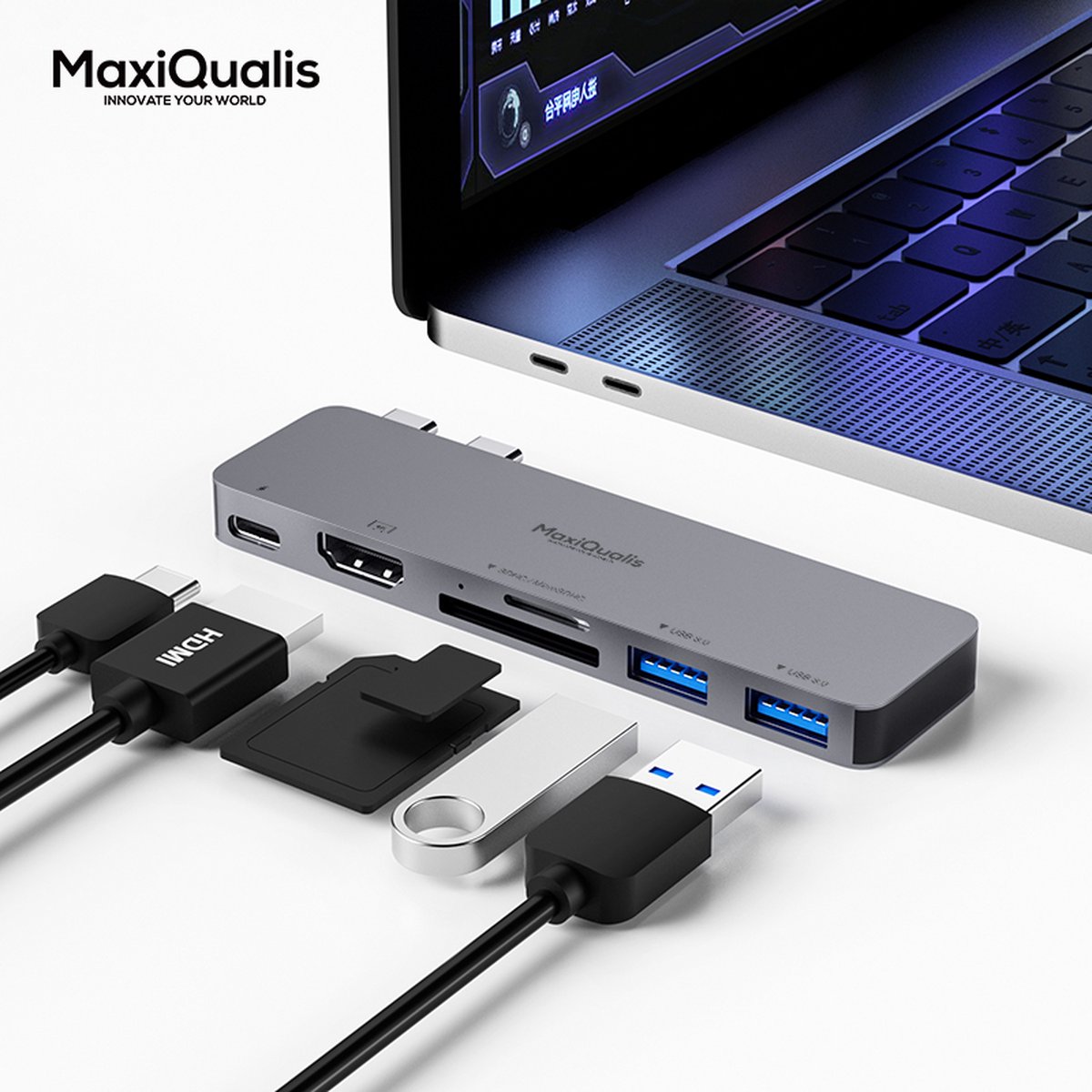MaxiQualis 6in1 USB-C Hub voor MacBook Air/Pro - 1*Thunderbolt 3, 1*HDMI 4K/3FPS, 2*USB3.0 poorten, 1*SD, 1*TF (Space Gray)