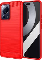 Xiaomi 13 Lite Hoesje - MobyDefend TPU Gelcase - Geborsteld Metaal + Carbonlook - Rood - GSM Hoesje - Telefoonhoesje Geschikt Voor Xiaomi 13 Lite