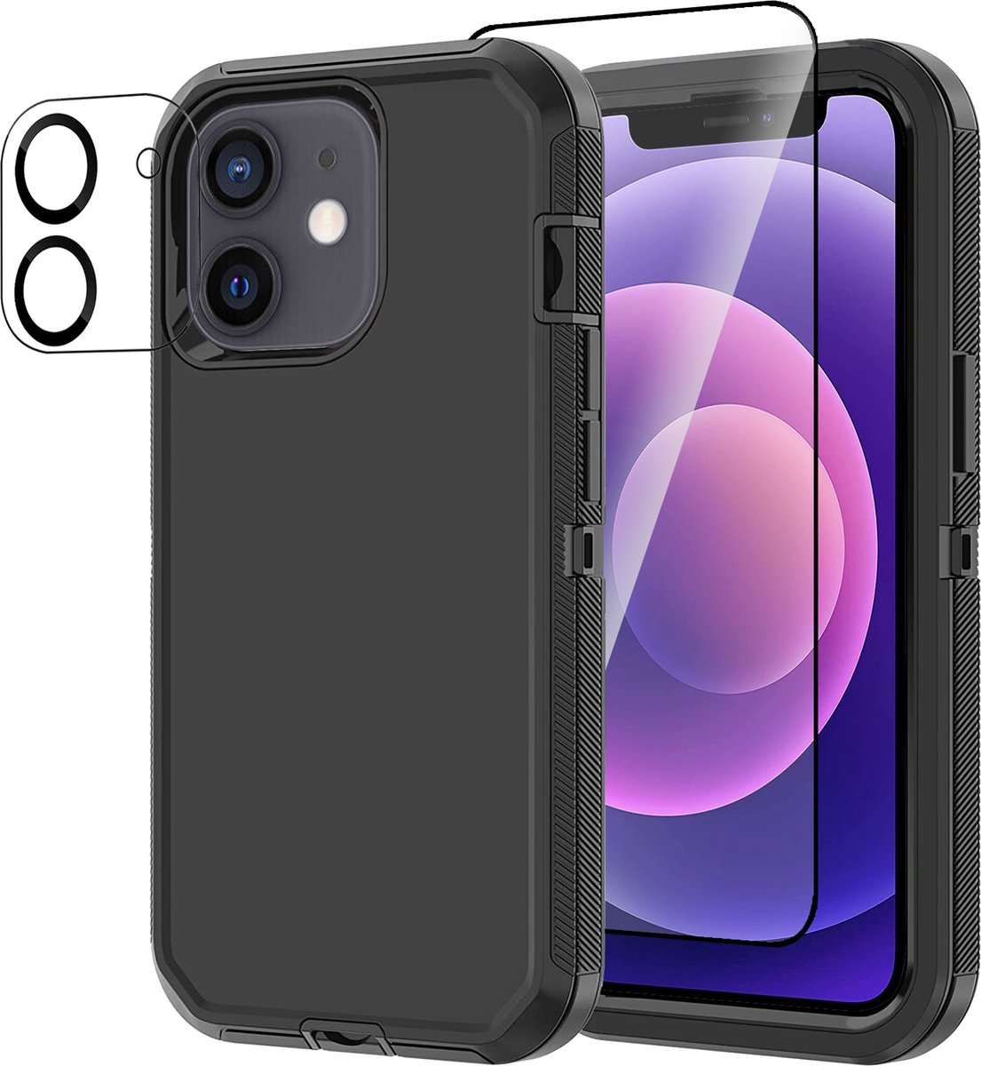 Stravo Heavy Duty iPhone 12 case met Screen Protector en Lens Protector - Zwart - Dustproof shockproof telefoonhoes cover bestaande uit 3 lagen inclusief schermbeschermer en lensbeschermer - Geschikt voor Apple iPhone 12