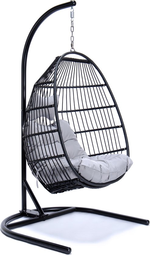 Ogarden Hangstoel Norway - Grijs kussen - Zwart Open Frame - Egg Chair - Vouwbare hangstoel