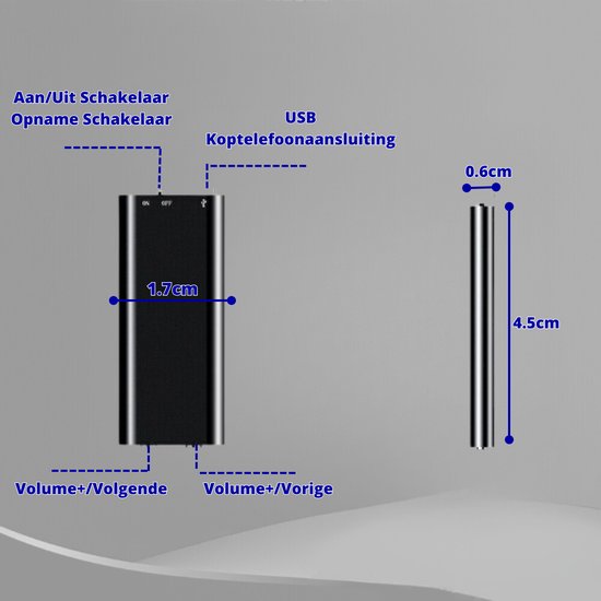 Afmetingen van de zwarte dictafoon: 4.5cm x 1.7cm x 0.6cm, met aan/uit-schakelaar en USB-aansluiting.