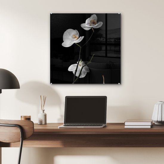 MuchoWow® Peinture sur verre 50x50 cm - Peinture sur verre acrylique - Orchidée - Fleurs - Zwart - Wit - Nature morte - Photo sur verre - Peintures