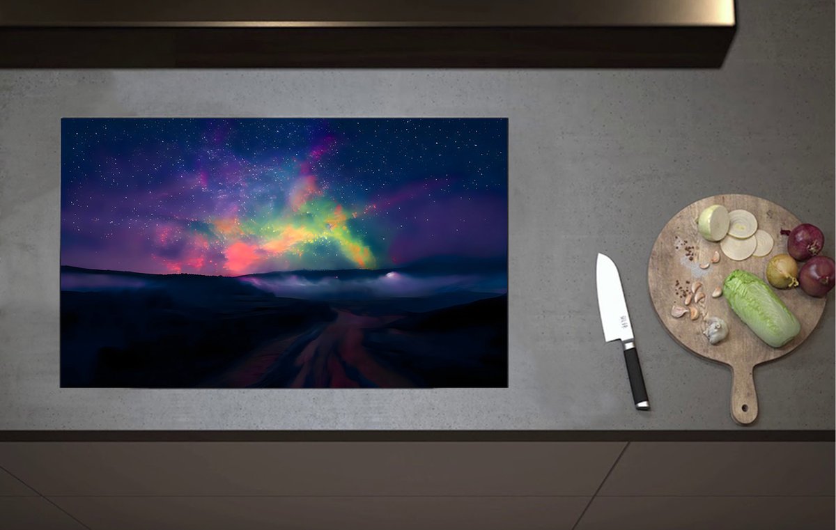 Inductieplaat Beschermer - Verschillende Kleuren in de Melkweg boven Bergen - 80x52 cm - 2 mm Dik - Inductie Beschermer van Vinyl