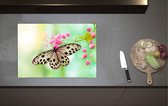 Inductieplaat Beschermer - Vlinder met Doorzichtige Vleugels op Tak Vol Roze Bloemen - 70x52 cm - 2 mm Dik - Inductie Beschermer van Vinyl