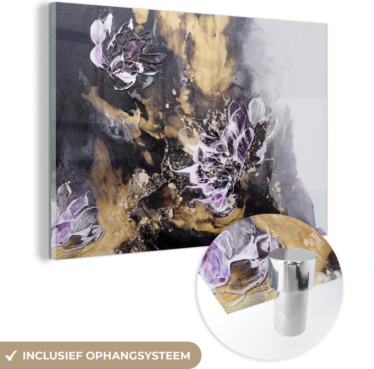 MuchoWow® Glasschilderij 180x120 cm - Schilderij acrylglas - Abstract - Zwart - Grijs - Verf - Foto op glas - Schilderijen