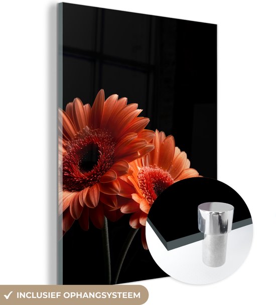 MuchoWow® Glasschilderij 90x120 cm - Schilderij acrylglas - Bloemen - Botanisch - Gerbera - Oranje - Zwart - Foto op glas - Schilderijen