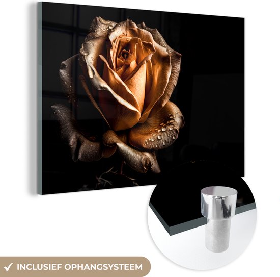 MuchoWow® Glasschilderij 60x40 cm - Schilderij acrylglas - Roos - Goud - Bloemen - Botanisch Zwart - Foto op glas - Schilderijen