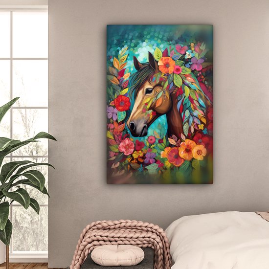 Peinture sur toile 90x140 cm - Décoration murale Cheval - Fleurs - Tableau - Nature - Peinture - Décoration murale murale salon - Décoration chambre - Accessoires chambre - Peintures
