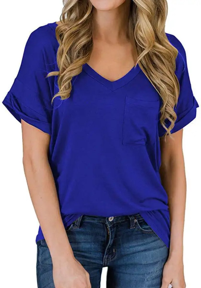 ASTRADAVI Casual Wear - Dames V-Hals T-Shirts met Borstzakje - Trendy Opgerolde Mouwen - Koningsblauw/Medium