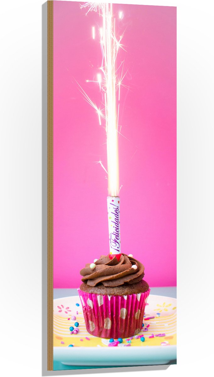 Hout - Verjaardagscupcake met Chocolade Topping en Fontein - 40x120 cm - 9 mm dik - Foto o