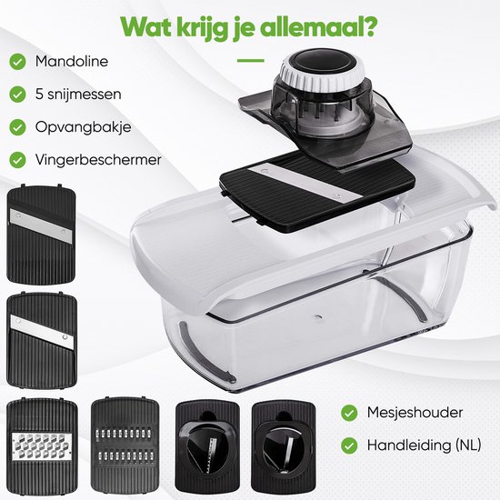 De Stosh mandoline met diverse snij-inzetstukken en accessoires. Tekst: "Wat krijg je allemaal?" met opsomming van onderdelen.