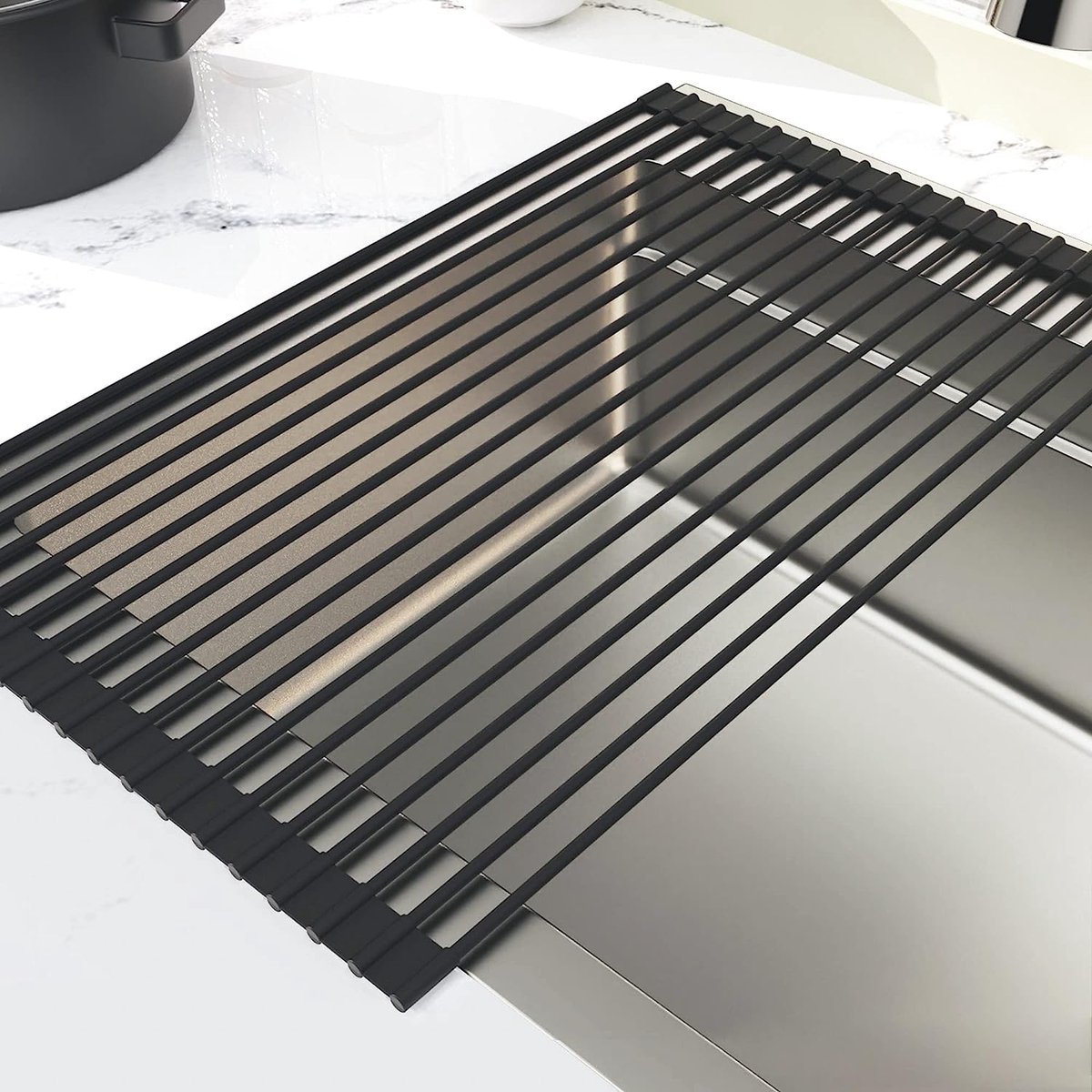 Goedkoopste Afdruiprek, spoelbak, afdruiprek, servies, roestvrij staal, inklapbaar, met messen- en vorkhouder, roestvrij staal, spoelbak, bovenop, droogrek (58 cm - 31 cm) x 32 cm, grijs