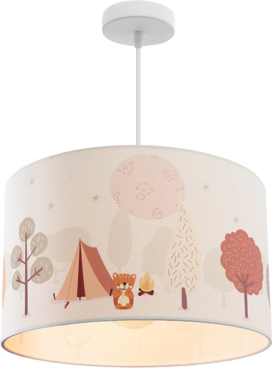 Olucia Forest Life - Kinderkamer hanglamp - Stof - Bruin;Wit - Cilinder - 30 cm