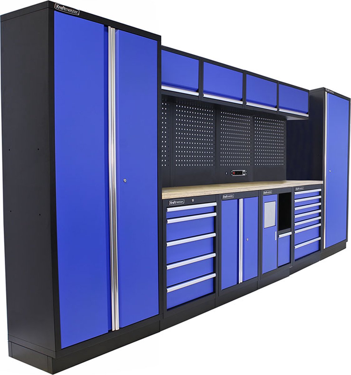 Kraftmeister werkplaatsinrichting - Werkbank met 4 wandkasten, 2 werkplaatskasten, 1 opbergkast, 1 prullenbak en multiplex werkblad - Werktafel met 12 laden en gereedschapswand - Complete set voor werkplaats of garage - Blauw