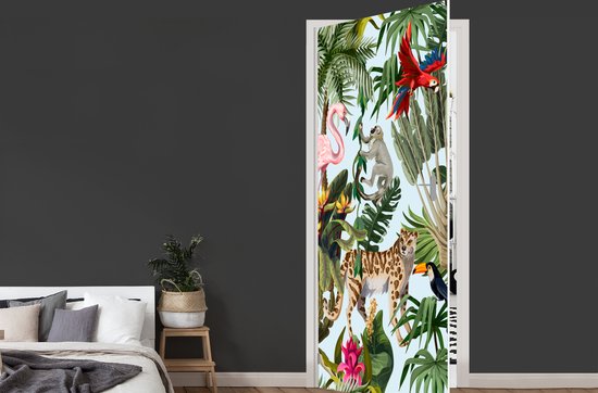 Sticker de porte Jungle - Animaux - Filles - Enfants - Garçons - Flamingo - Perroquet - 95x235 cm - Poster de porte