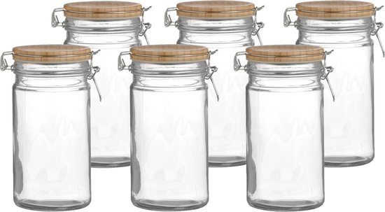 Ensemble de six bocaux en verre de 1L, chacun avec un couvercle en bambou et une fermeture à bascule.