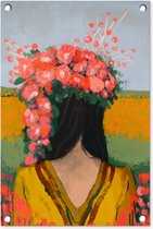 Tuindecoratie Portret - Bloemen - Vrouw - Rood - 40x60 cm - Tuinposter - Tuindoek - Buitenposter