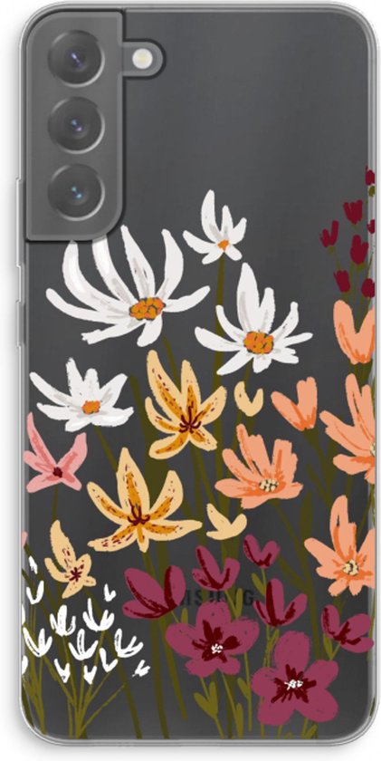 Samsung Galaxy S22 Plus hoesje met een print van witte, oranje en paarse bloemen.