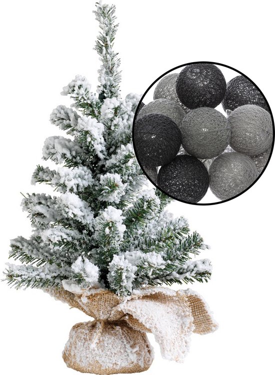 Mini kunst kerstboompje met sneeuw -incl. verlichting bollen zwart/grijs- H45 cm