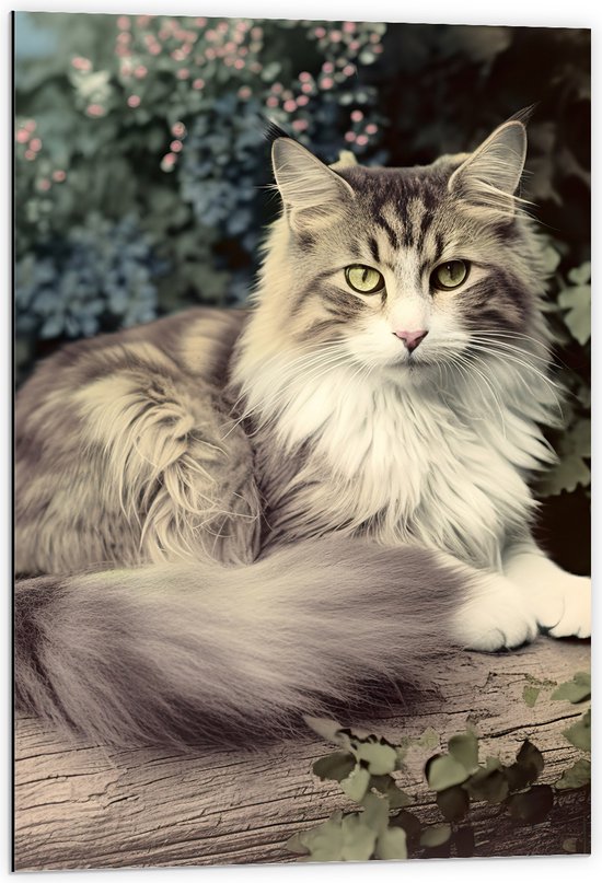 Dibond - Grijze kat met groene ogen in de natuur op een boomstam - 60x90 cm Foto op Aluminium (Met Ophangsysteem)