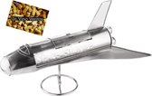 BRUBAKER wijnfles houder Space Shuttle - metalen sculptuur fleshouder raket - zilveren metalen beeldje fleshouder wijn geschenk voor ruimte fans met wenskaart