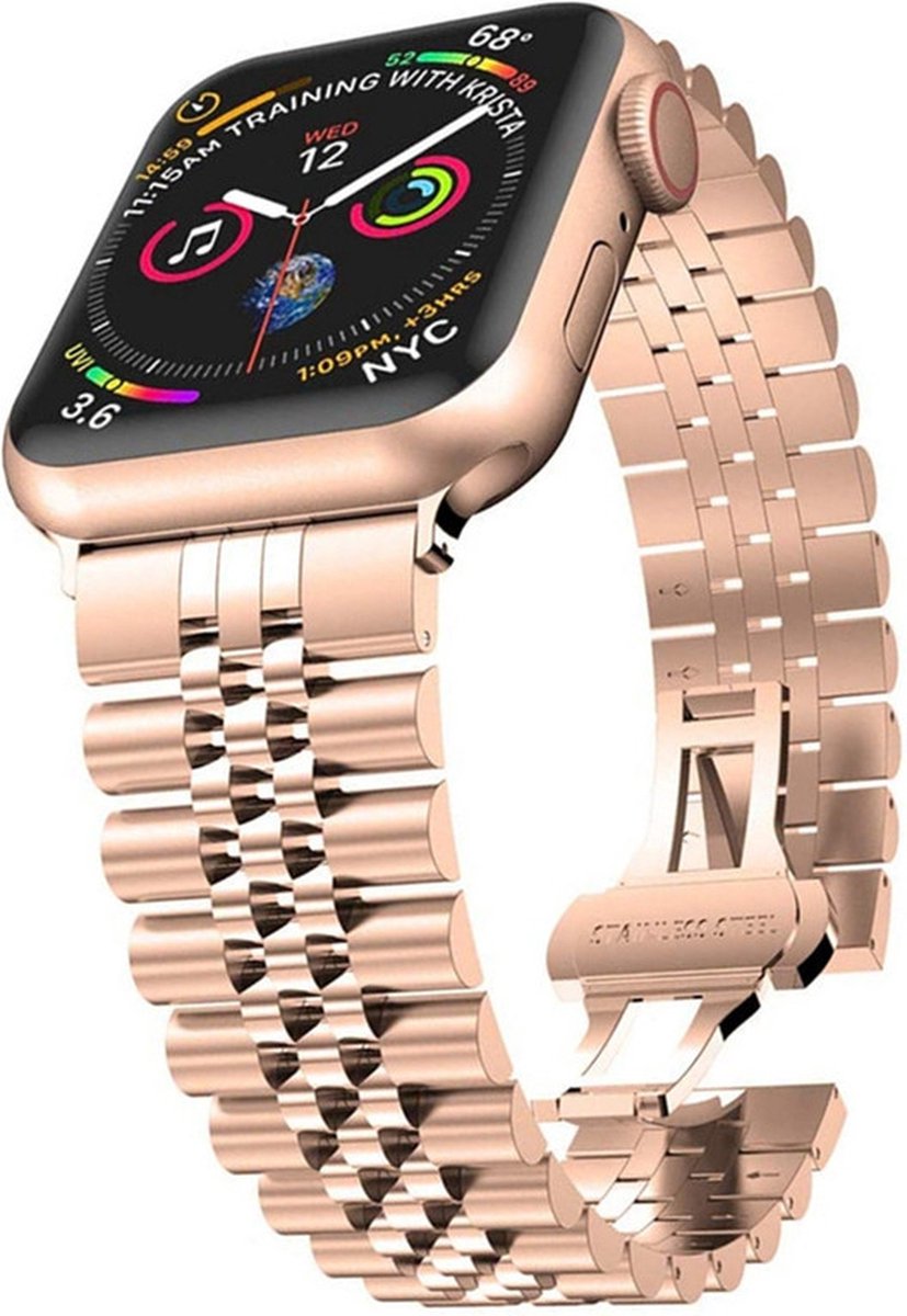 Stalen bandje - RVS - geschikt voor Apple Watch 1/2/3/4/5/6/7/8/9/10/11/ SE (1,2,3) met maat 38 mm / 40 mm / 41 mm en 42 mm (Watch 10/11) - rosegoud