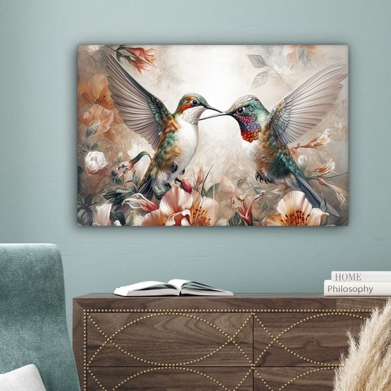 Tableau sur toile Colibri - Vogels - Fleurs - Nature - 90x60 cm - Décoration murale