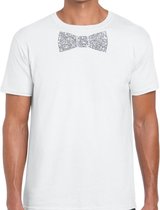Wit fun t-shirt met vlinderdas in glitter zilver heren M
