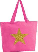 Gouden ster glitter shopper tas - fuchsia roze - 47 x 34 x 12,5 cm - boodschappentas / strandtas