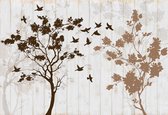 Papier peint photo - Papier peint intissé - Arbres et Vogels sur des Planches de bois - Art - 368 x 380 cm