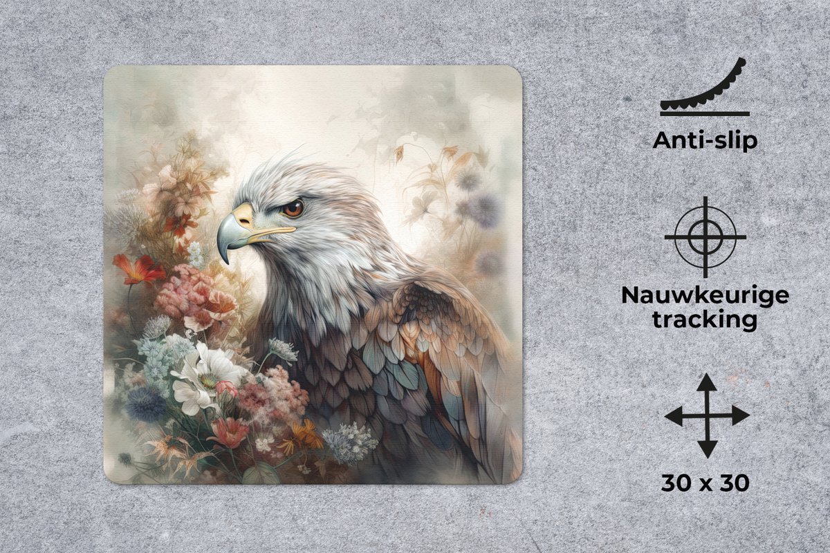 Muismat 30x30 cm - Mousepad Arend - Adelaar - Vogel - Bloemen - Natuur - Muismatten
