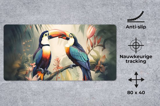 Bureau onderlegger 80x40 cm - Muismat Toekan - Vogels - Bloemen - Natuur - Jungle - Bureaulegger xl - Desk mat beschermer - Computer muismatten