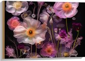 Hout - Boeket van Roze Bloemen op Zwart Oppervlak - 75x50 cm - 9 mm dik - Foto op Hout (Met Ophangsysteem)