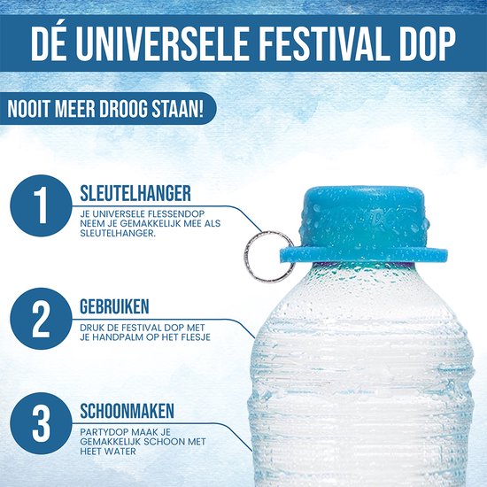 PartyDop - Universele flessendop - Festival dop - Met sleutelhanger - roze - blauw - mintgroen - 3 stuks - Partydop