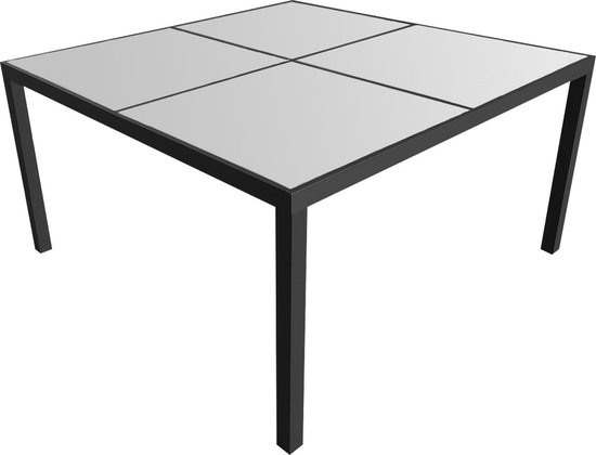 Table carrée en aluminium anthracite avec plateau en verre sur fond blanc.