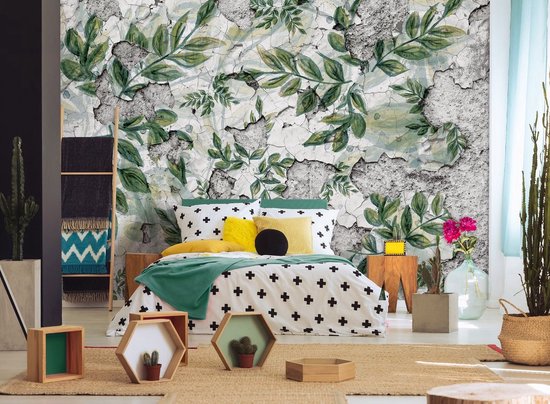 Papier peint photo Peint - Papier Peint Intissé - Feuilles sur Mur de Béton - 254 x 184 cm